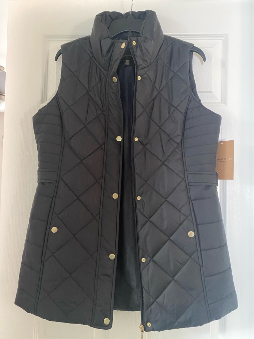 Weatherproof Black Quilted Puffer Vest with Gold Hardware